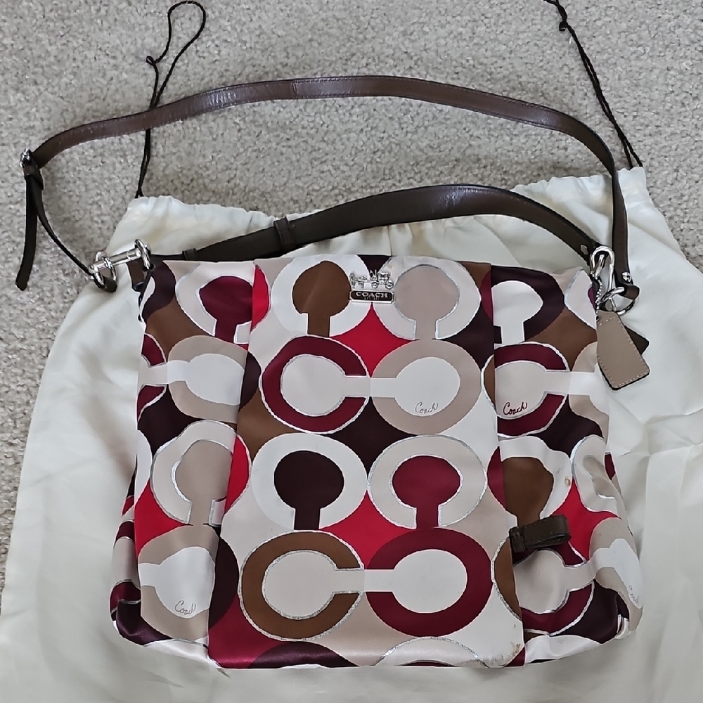 Coach Satin Hobo With Burgundy Red and Brown Signature C's Shoulder Bag
